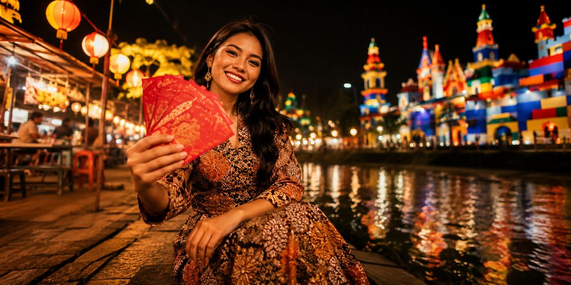 Amplop merah bonus batik tradisional Malaysia sebagai simbol ganjaran eksklusif